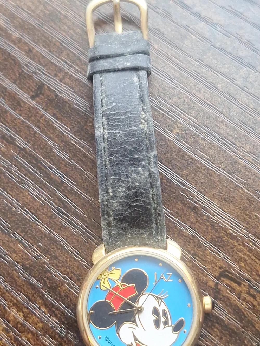 Vintage Mickey Mouse Gold-Tone Case Watch with Black Strap and Blue Dial